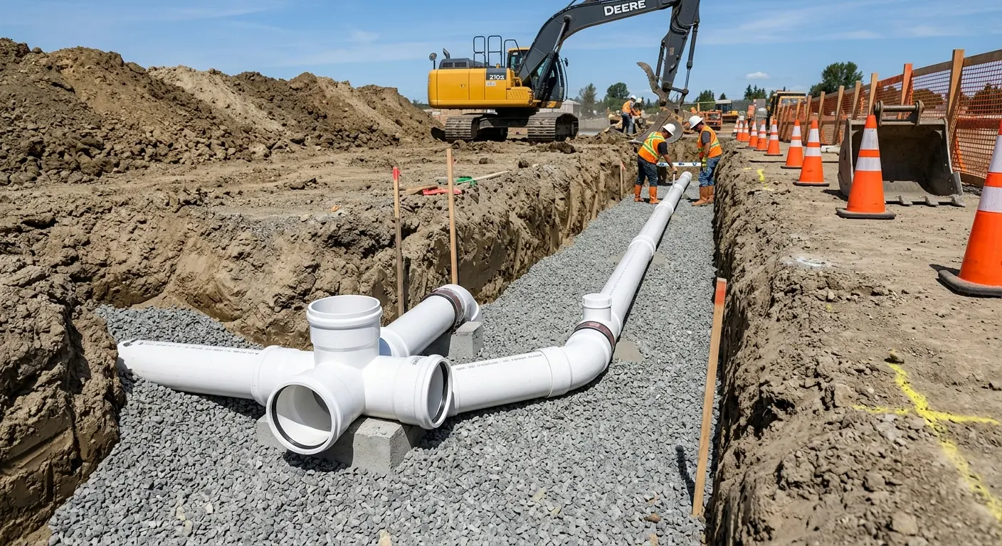 New PVC sewer pipe installation in open trench for Sewer Camera Inspection in Crowley
