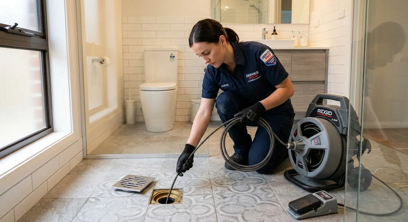 Technician clearing a bathroom floor drain for Sewer Line Installation in Crowley